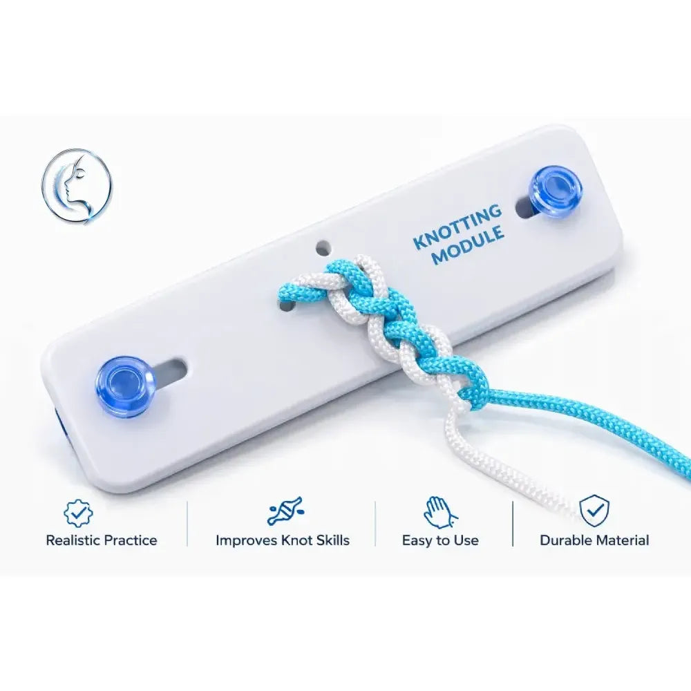 White plastic surgical knot-tying trainer with blue knobs and braided turquoise rope for portable surgical training