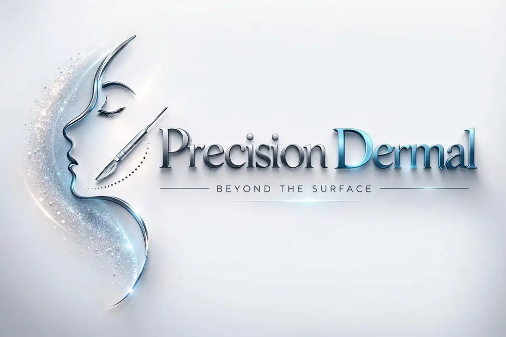 Precision dermal logo featuring a stylized silver face profile with glittering accents and the brand name in sleek, metallic blue lettering.
